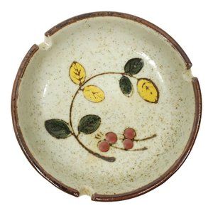 Vintage Floral Ashtray 6 3/8" Round 3 Slot Speckled Ceramic Stoneware MCM Japan
